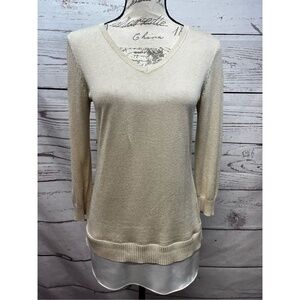 Calvin Klein XS sparkly pullover tan sweater with white underlay blouse material